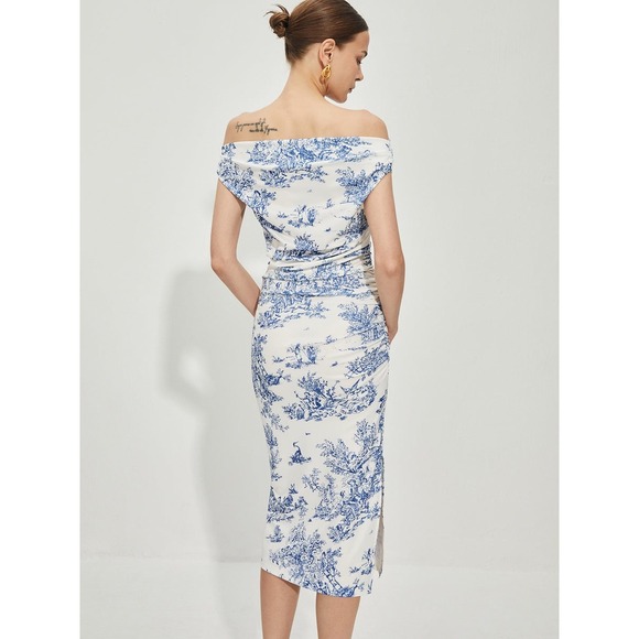 Commense Print Straight Neck Split Dress blue size M - Picture 5 of 5